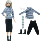 1 комплект, зимний наряд для куклы BJDBUS, блузка в полоску, черные брюки, пояс с очками, сапоги, обувь, одежда для куклы Барби, детские игрушки сделай сам