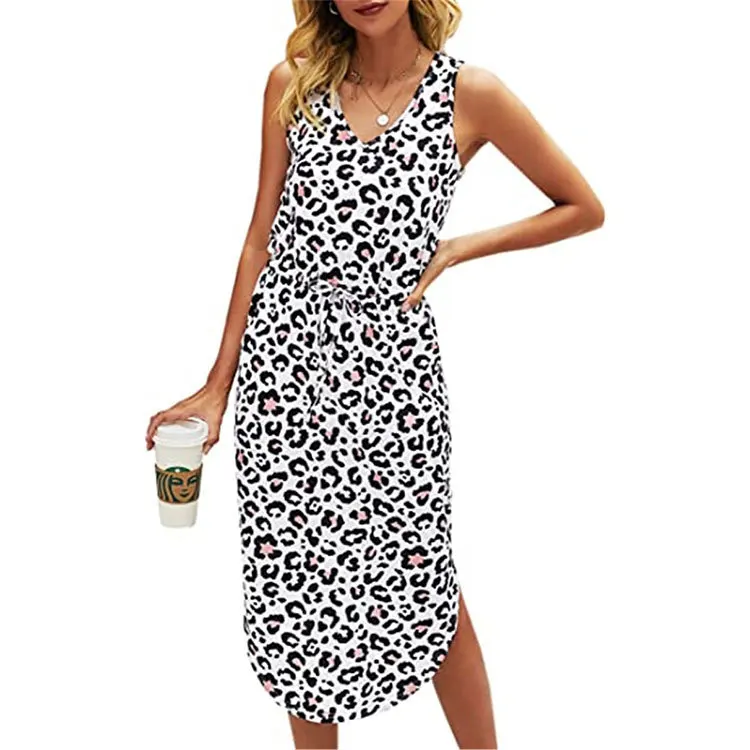 

2021 Spring/summer New women's tie dye style Leopard print V-neck sleeveless lace dress street fashion popular skirt BTB9052