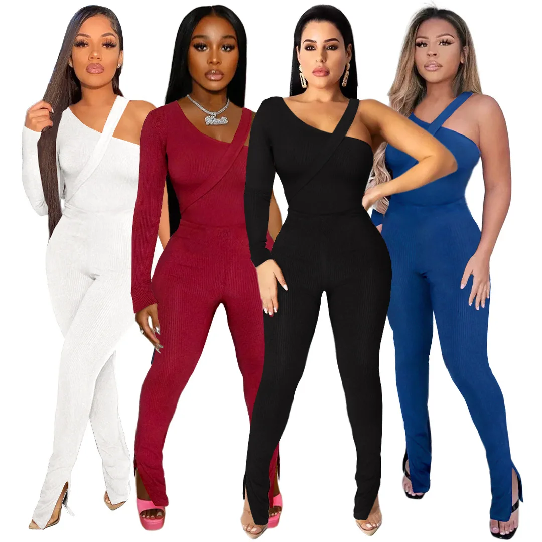 

Сексуальный женский комплект из двух предметов для ночного клуба, однотонные облегающие расклешенные брюки с разрезом, необычное боди, топ,...