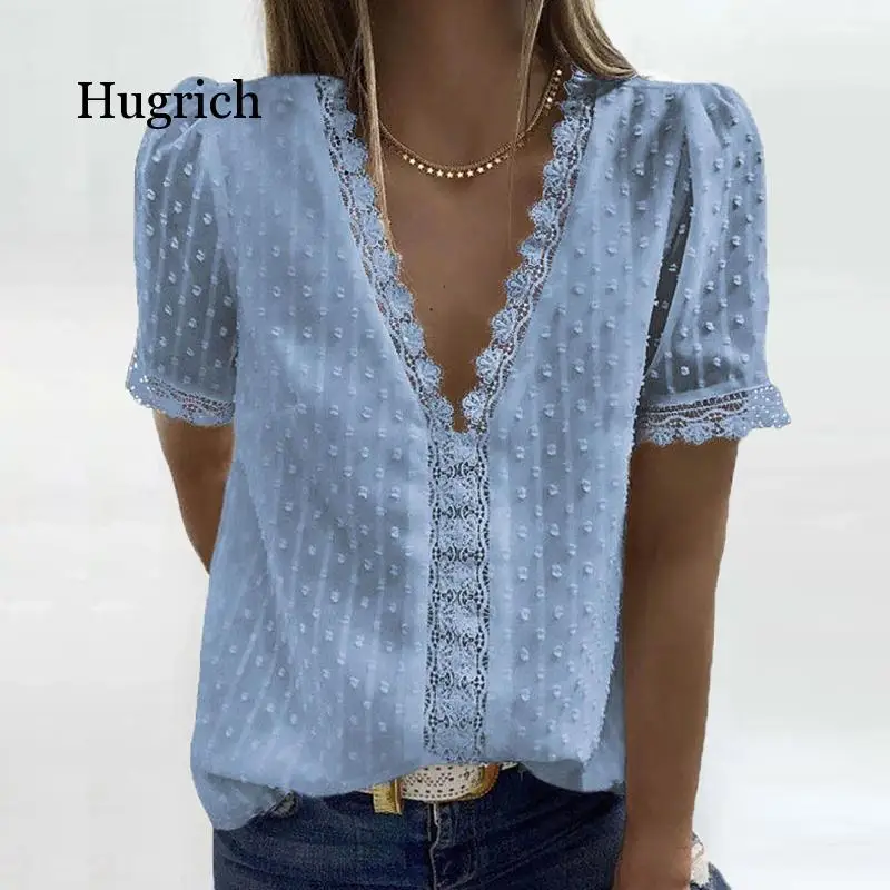 

3Xl Sexy V-Neck Lace Shirt Blouse Spring Summer Short Sleeve Ladies Shirt Casual Women Solid Pullover Tops Streetwear