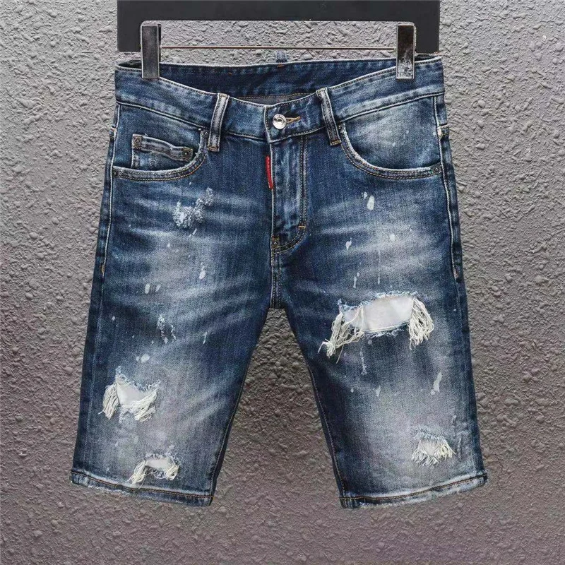 

European and American summer DSQ hot new D2 Italian denim shorts men's shorts Slim dark blue ripped men's jeans DSQUARED2
