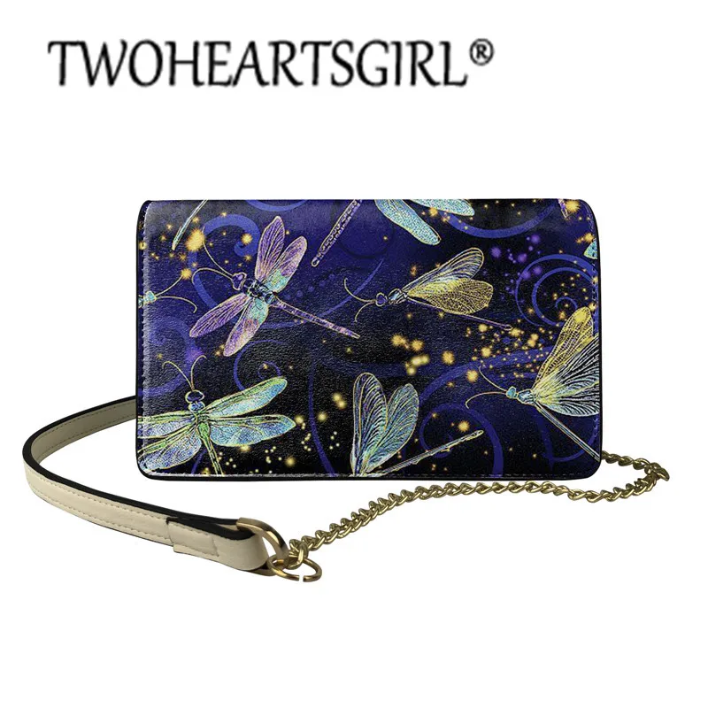 

Twoheartsgirl Printing Dragonfly Flap Bags Square Crossbody Bag Leisure Shoulder Bag Metal Chain Messenger Bag Travel Phone Bags