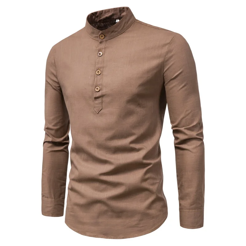 

Loldeal New Men Long Sleeve Shirt Solid Color Cotton Linen Comfortable Stand Collar
