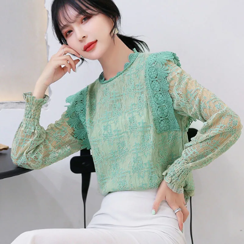 

New Autumn 2021 Lace Women Chiffon Blouses Long Sleeve Hollow Out Women Women Tops and Blouses Casual Women Clothing 6020 50