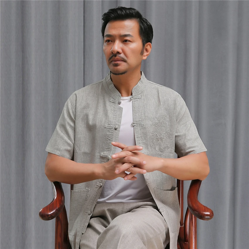 Традиционная китайская одежда для мужчин льняная летняя с коротким рукавом