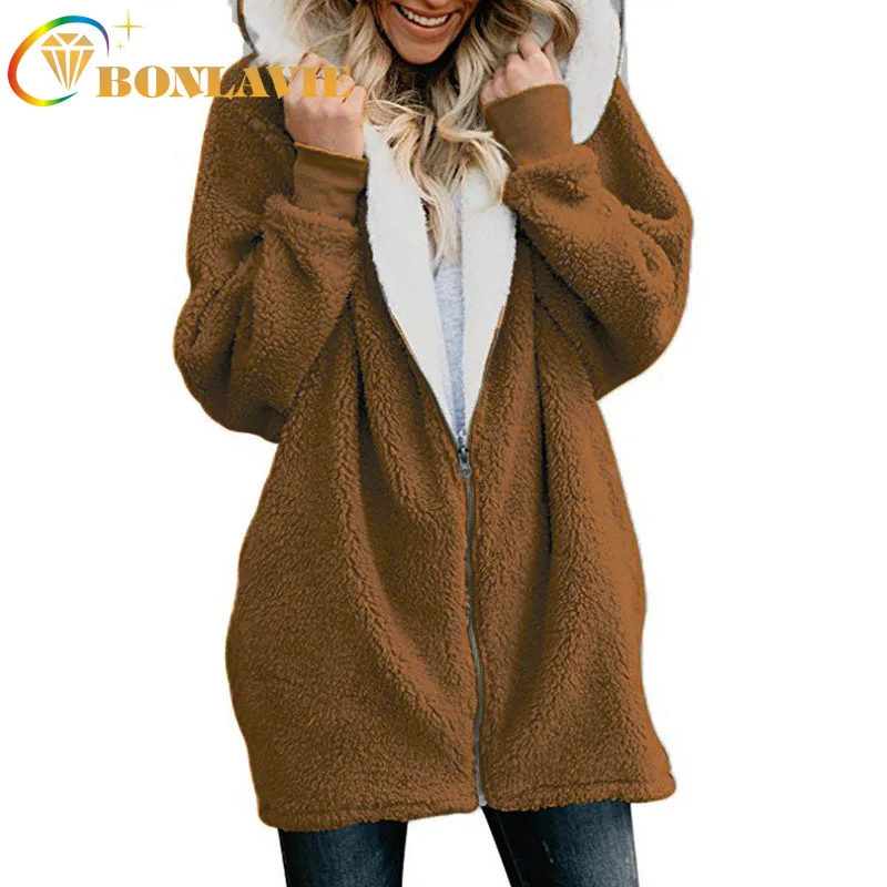 

Autumn and winter Women 2019 New fashion Hooded Zipper Sweatshirt Long Sleeve Solid Color Zip-up Hooded Long Warm Coat