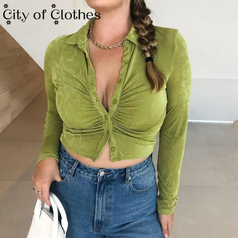 

Knitted Cropped Shirts Women Long Sleeve Button Ruched Turn Down Collar Slim Sexy Tee Clothes Office Lady Tops 2021