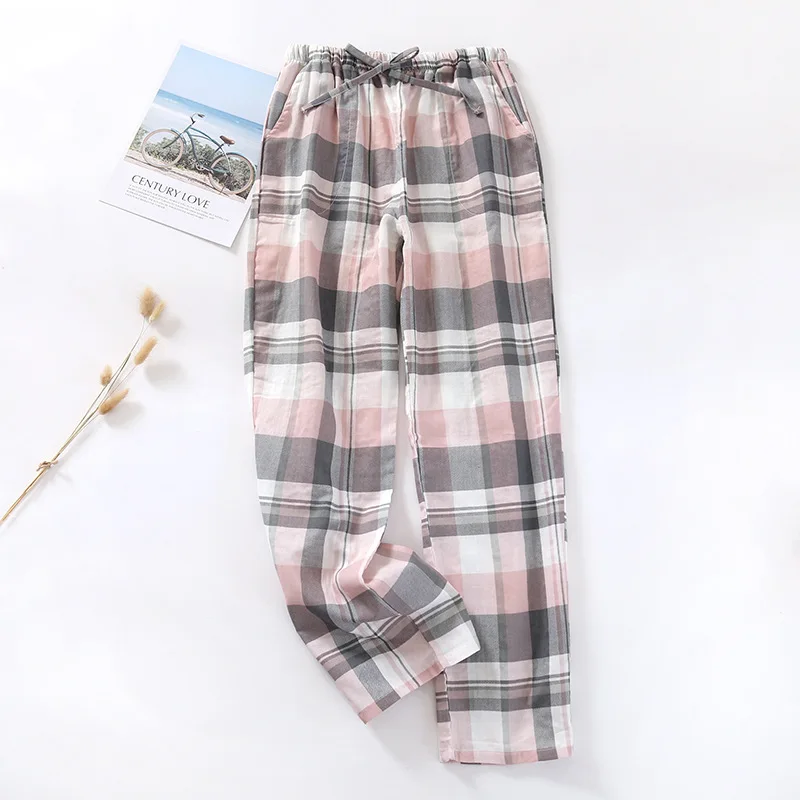 Women Cotton Gauze Pajama Sleepwear Pants Leisure Plaid Men Sleep Long Pants Drawstring Sleep Bottoms Casual Homewear Trousers