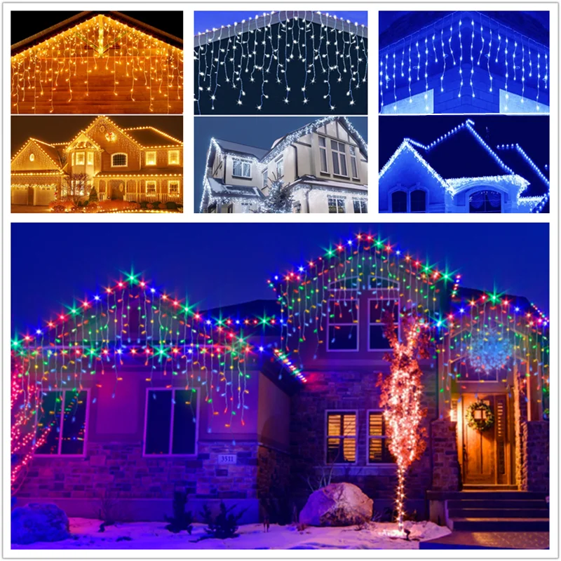 

3-35M Christmas Garland LED Curtain Icicle String Lights Droop 0.3-0.5m Garden Street Mall Eaves Outdoor Decorative Fairy Light