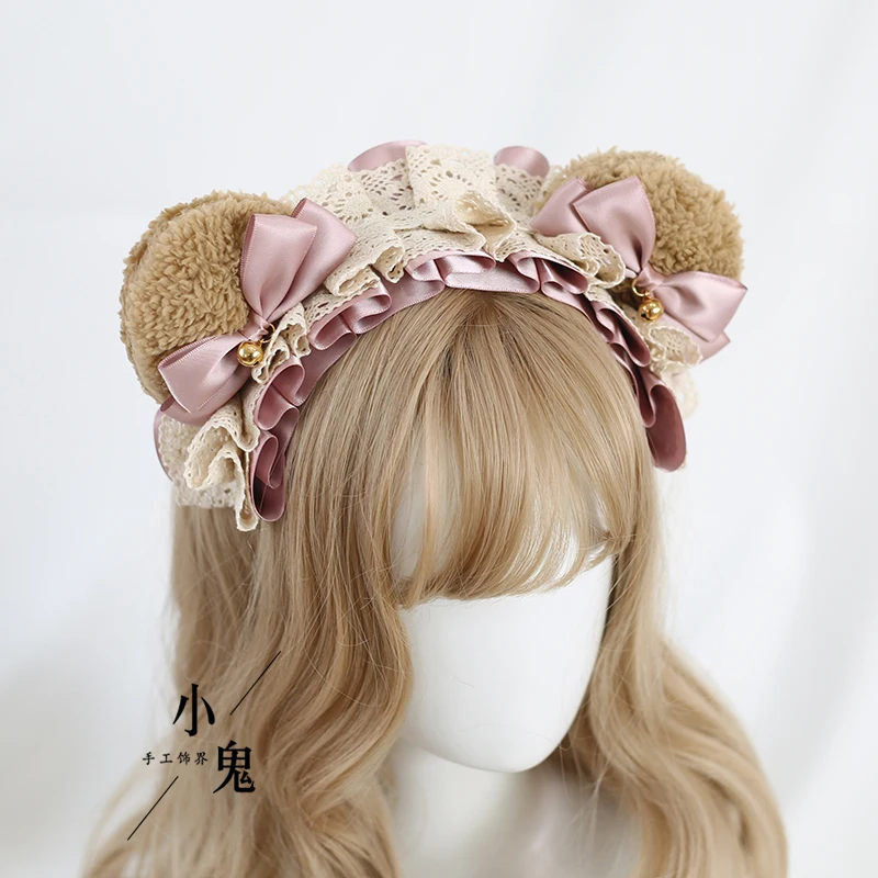 

Handmade Lolita Cute Bear Ear Hair Hoop Plush Simulation Beast Ear Cosplay Hair Accessories KC Bowknot Lace Headwear Cute Girl