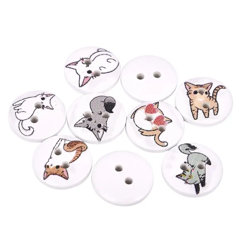 01-cat 50 шт./компл. с мультяшным котом Printes 2 отверстия деревянными пуговицами 15 мм пришивания пуговиц с декоративными пуговицами для Костюмы украшения одежды - Цвет: 01-cat