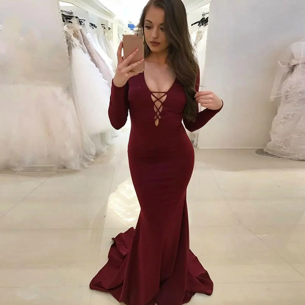 

Burgundy V-Neck Party Gowns Mermaid / Trumpet Sweep/Brush Evening Dresses long-sleeved Open back Party Dresses high quality 2021