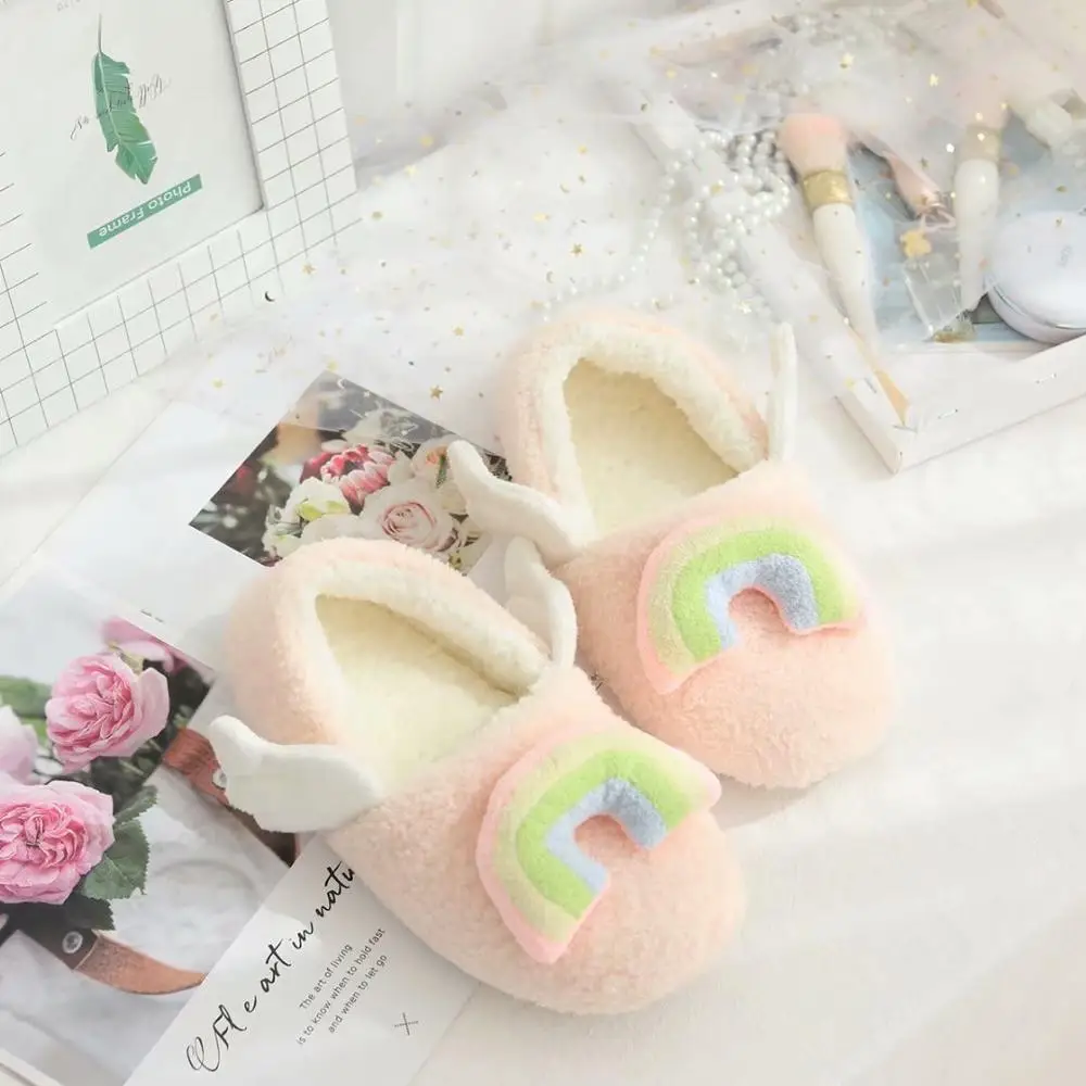 Sweet girl heart three-dimensional rainbow wings anti slip floor shoes in autumn and winter warm home shoes indoor cotton slippe