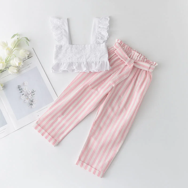 

Children New Suit 2021 Summer White Lace Jacket Pink Striped Casual Pants Girls Two-Piece Suit