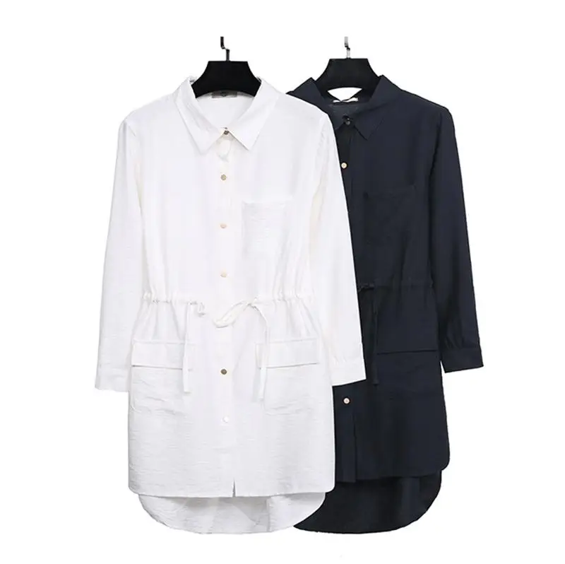 

Woman White Black Long Large Size Blouse Turn-down Collar Woman Button Shirt Tops Long Sleeve Autumn 4XL Plus Size Shirt Outwear