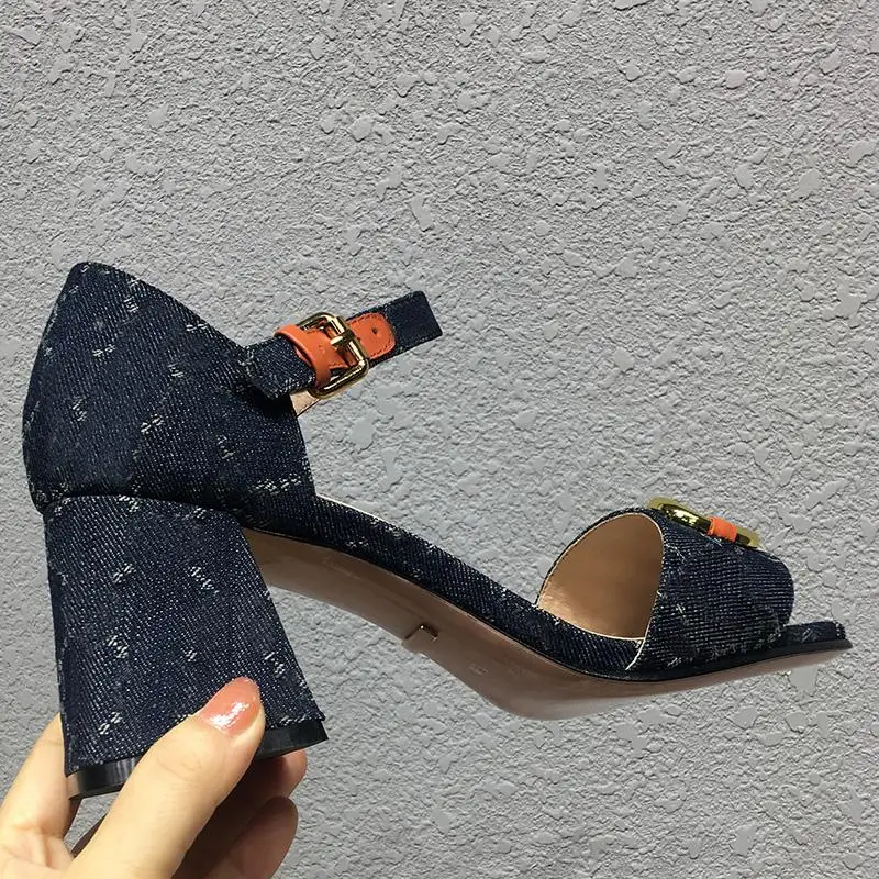 

summer Luxury High quality heels Sandals women designer Sliders Fashion Denim Blue chunky heel Shoes Genuine Leather Heeled shoe
