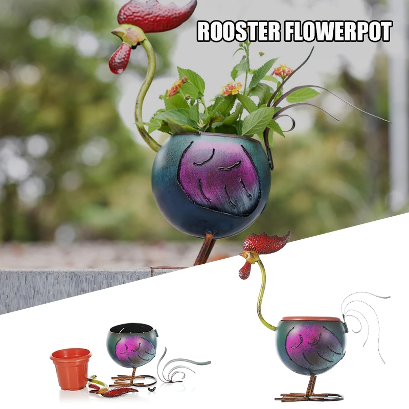 

Art Plant Pot Vintage Metal Handmade Planter Decorative Cock Figure Stand Organizer Flowerpot for Desktop Succulent PW