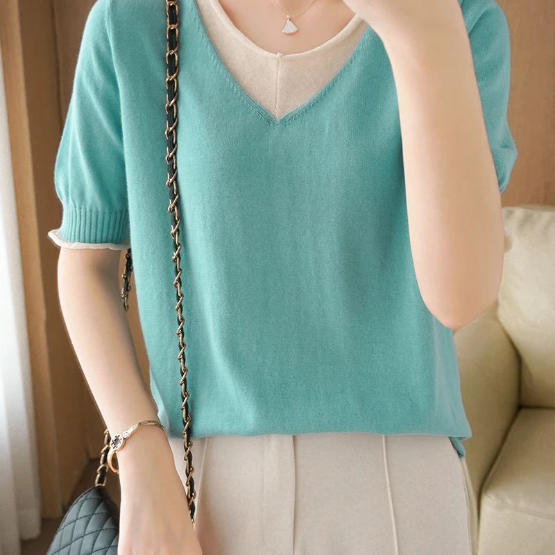 

MERRILAMB Summer Women's Loose Casual Worsted Cotton Pullover T-Shirt Knitted Double V-Neck Tees All-Match Color Matching Tops