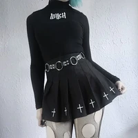 cool girl sexy punk cross print pleated skrit women black white basic all match chic gothic high waist mini skirts short dress
