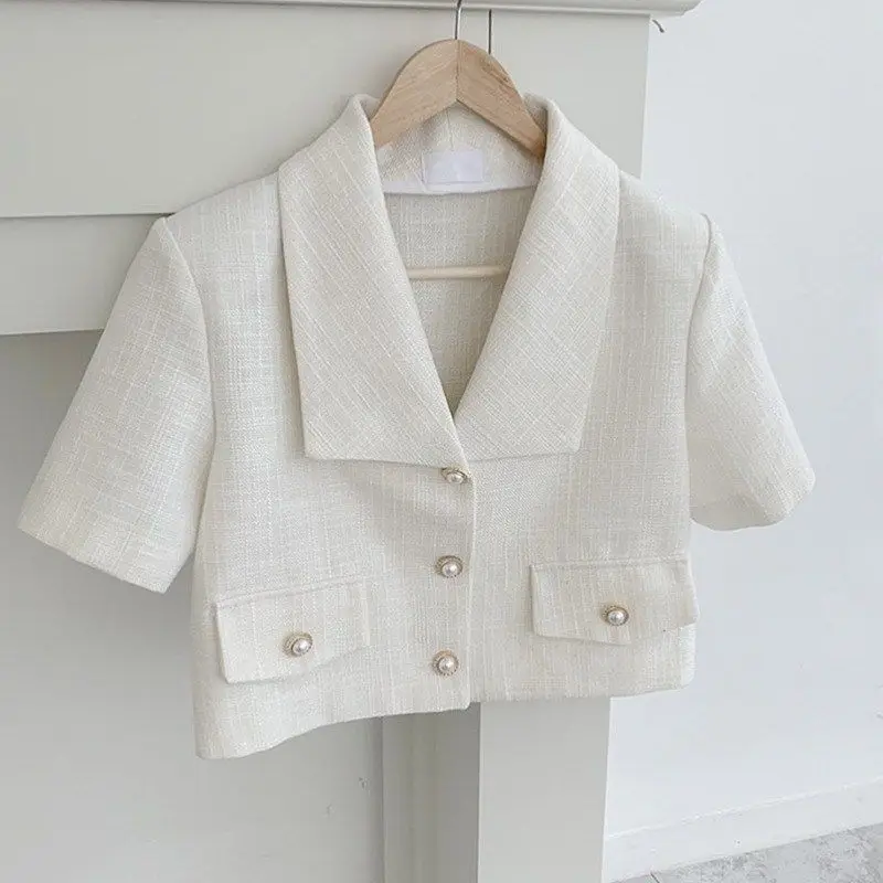 

Blazers Women Single-breasted Pearls Sweet Girls Cropped Top Outwear French-style Elegant OL Fashion All-match Retro Suit Female