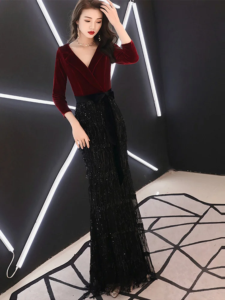 Вечернее платье, сексуальное, с глубоким v-образным вырезом, Robe De Soiree, рукав три четверти, женские вечерние платья, с блестками, элегантные вечерние платья F227