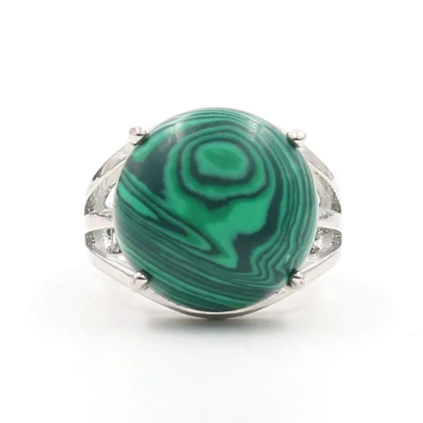 Малахит камень круглой формы посеребренное с изменяемым размером кольцо