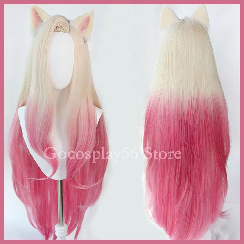 

NEW KDA Ahri Wig Ears LoL Cosplay Gradual Beige Pink Synthetic Hair 100cm Long Straight Wig Women Ahri Cosplay