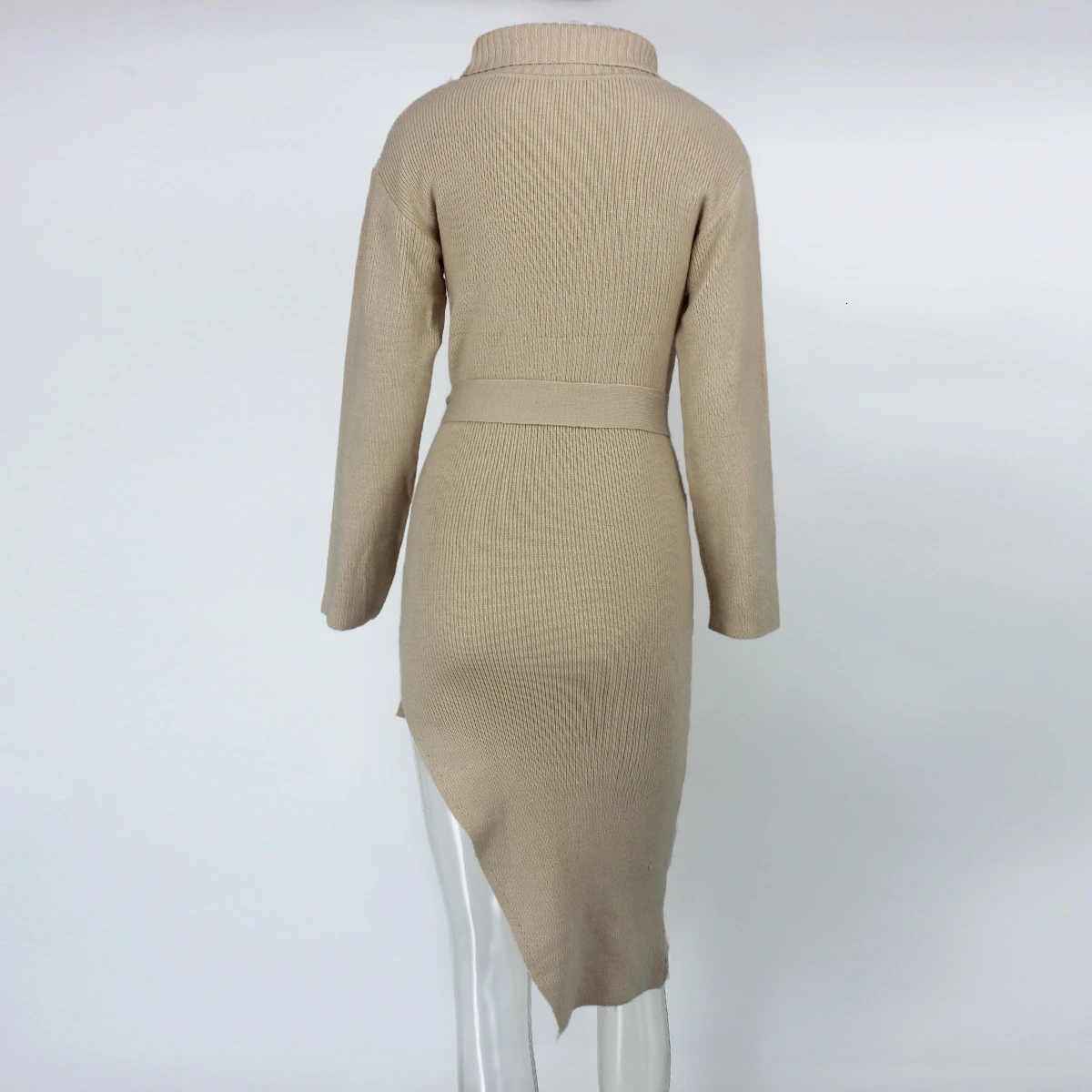 Женское вязаное платье Fuedage осенне зимнее облегающее с высоким разрезом и поясом