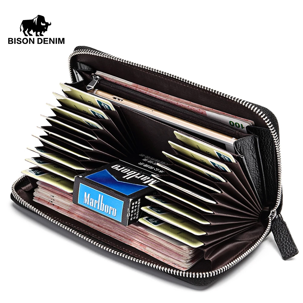 Мужской кошелек клатч BISON DENIM черный вместительный из натуральной кожи с