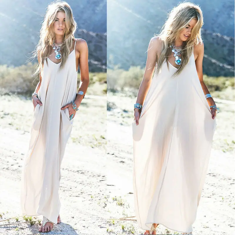 Женский праздничный сарафан в стиле бохо белый пляжный Макси-сарафан на бретелях