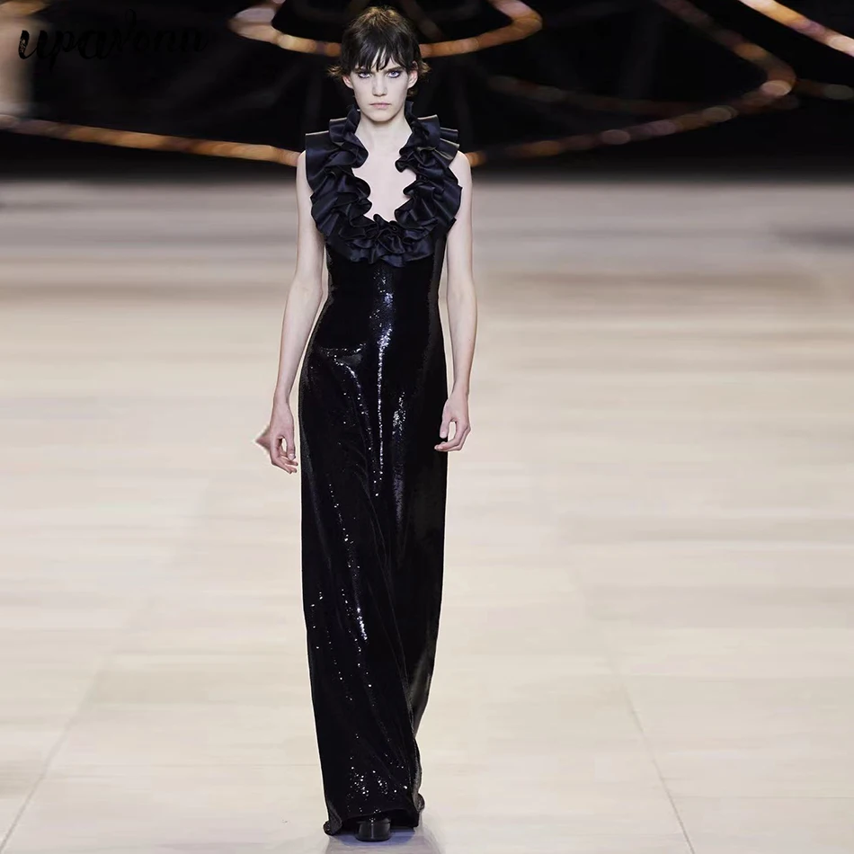 

Free Shipping 2021 New Ladies Runway Long Dress Sexy Laminated V-neck Sleeveless Bodycon Sequin Dress Celebrity Club Party Dress