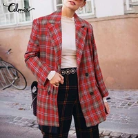 celmia women cotton blazer 2021 autumn long sleeve suit collar lightweight coats vintage plaid print streetwear lining suits