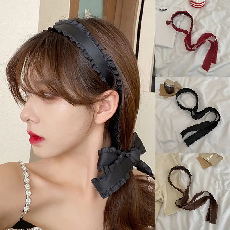

Super Fairy Women Long Ribbon Headbands Streamers Bow Hair Hoop Elastic Waved Hairbands Retro Lady Coffee Black Hair Accessories