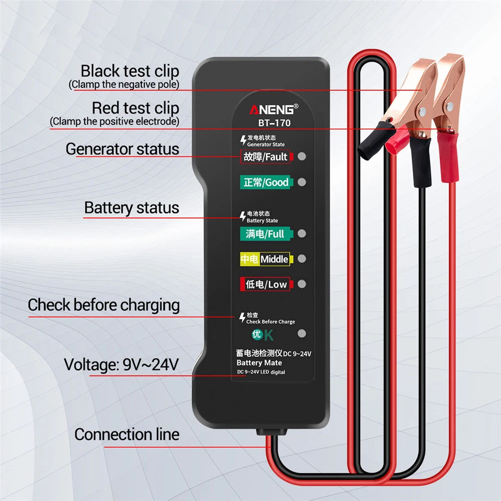 

ANENG BT-170 12V Car Battery Tester Motorcycle Tester Fault Detector Car Diagnostic Tools Auto Repair 9V-24V