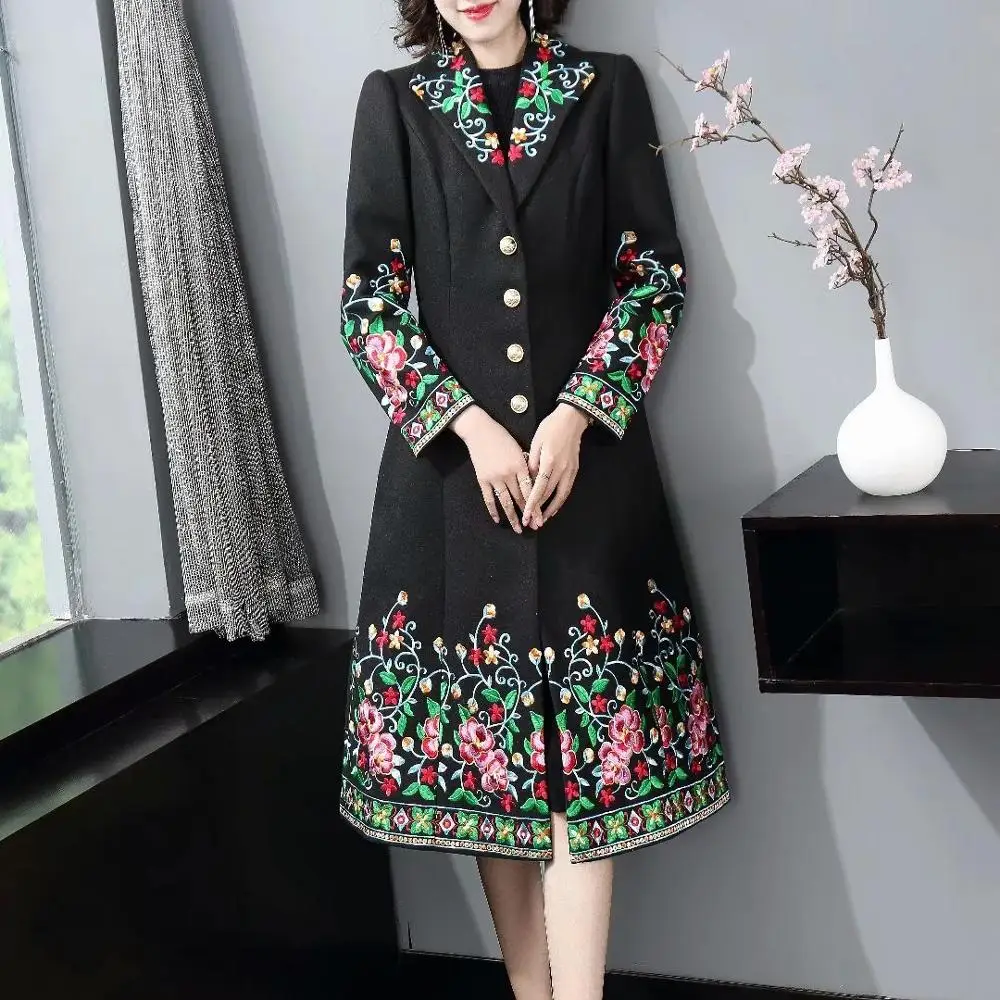 

Outerwear Vintage Coat 2021 Autumn Winter Clothing Women Luxurious Embroidery Single Breasted Casual Black Red Woolen Overcoats