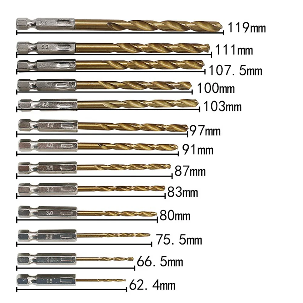 13PCS Drill Bit Set Titanium HSS 1/4 Hex Shank Power Hand Tools 1.5 mm/2 mm/3 mm/3.5 mm/4 mm/4.5 mm//5 mm/5.5 mm/6 mm/6.5 mm