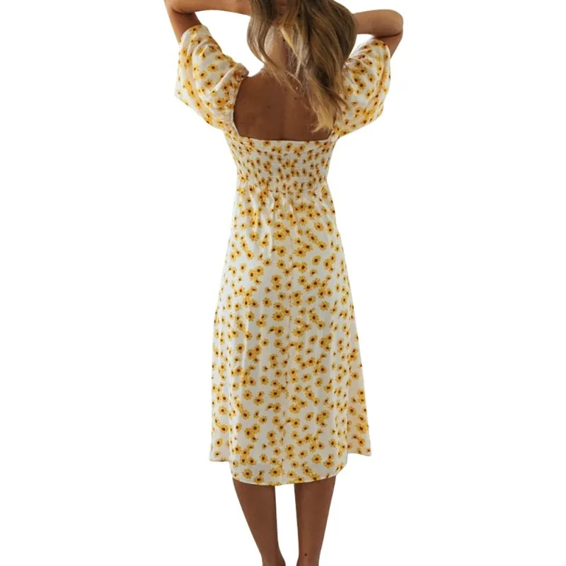 

Summer Beach Women's Boho U-Neck Short Sleeve Ruffle Printed Floral Wrap Maxi Split Dress Yellow Long Dress Slim Vintage Female