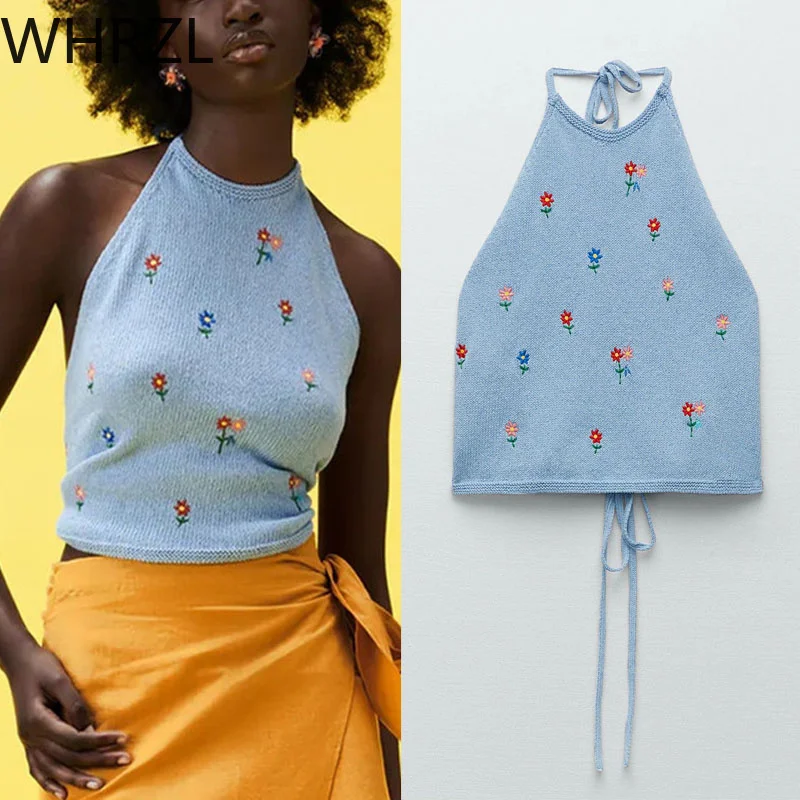 

Za 2021 Summer Woven FabricColor Floral Embroidery Sexy Backless Sling Chinese Style Vintage Print Women Short Top Daily Party