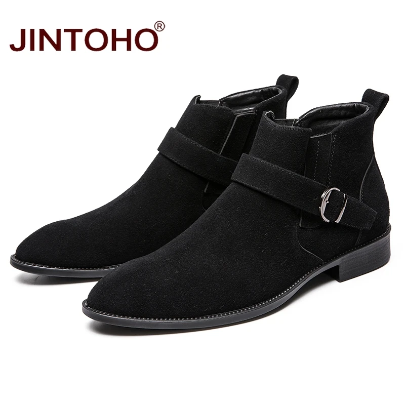 JINTOHO/мужские ботильоны из коровьей замши; модная мужская Рабочая обувь с острым носком; зимние мужские ботинки; повседневные мужские ботинки; недорогие мужские ботинки
