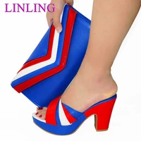 slippers new arrival hot selling blue color crystal style italian design wedding women shoes and bag set for party