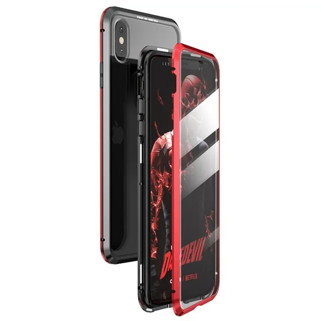 Black and Red 360 магнитный металлический чехол для телефона iphone 7, 8, 6, 6S Plus, двусторонний чехол для iphone X, XR, XS, 11 Pro MAX, чехол-книжка из закаленного стекла - Цвет: Black and Red