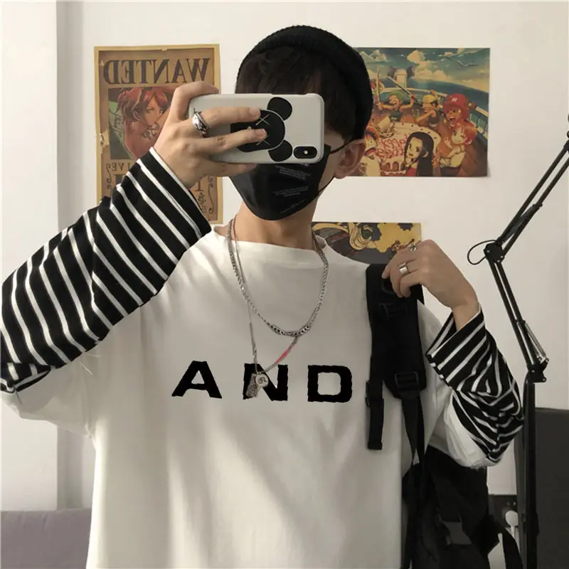 

T-shirt men's clothing 2020 autumn Korean style of loose striped stitching fake two-piece student Long-sleeved bottoming shirt