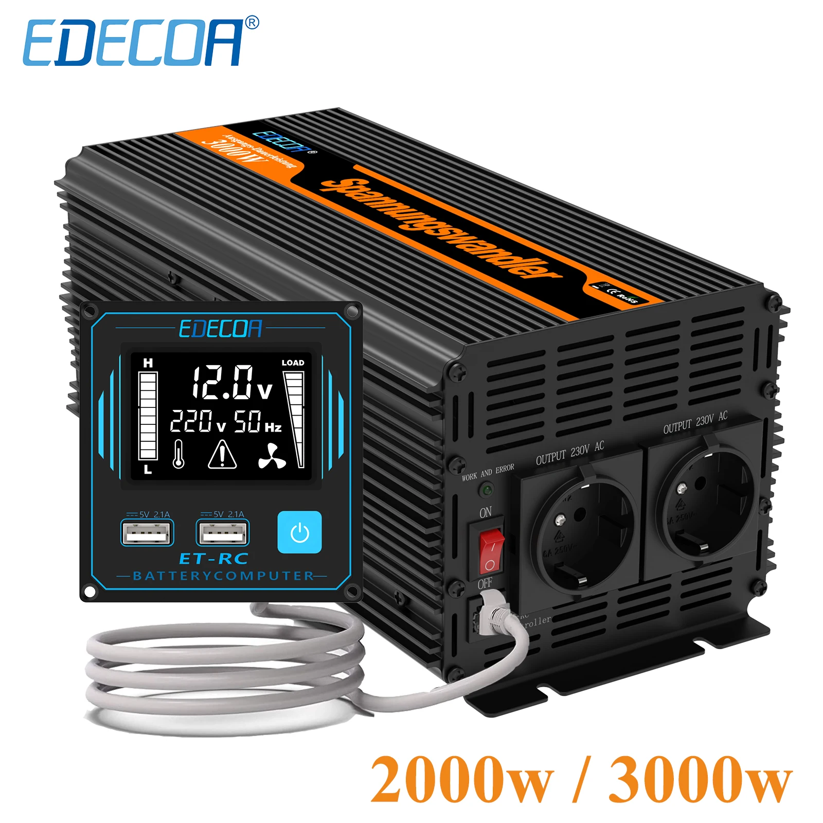 

3000W EDECOA 2000W Modified Sine Wave Power Converter DC 12V 24V To AC 220V 230V Remote Controller 3000 Watt Car Inverter