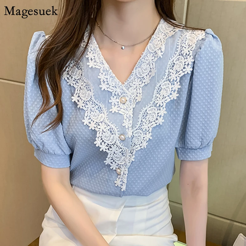 

Женская кружевная блузка на пуговицах, свободная блузка с V-образным вырезом и коротким рукавом, в Корейском стиле, лето 14251