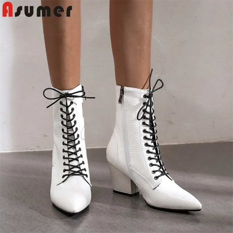 

ASUMER 2021 new prom women boots pointer toe ladies ankle boots lace up classic thick high heels autumn winter boots big size