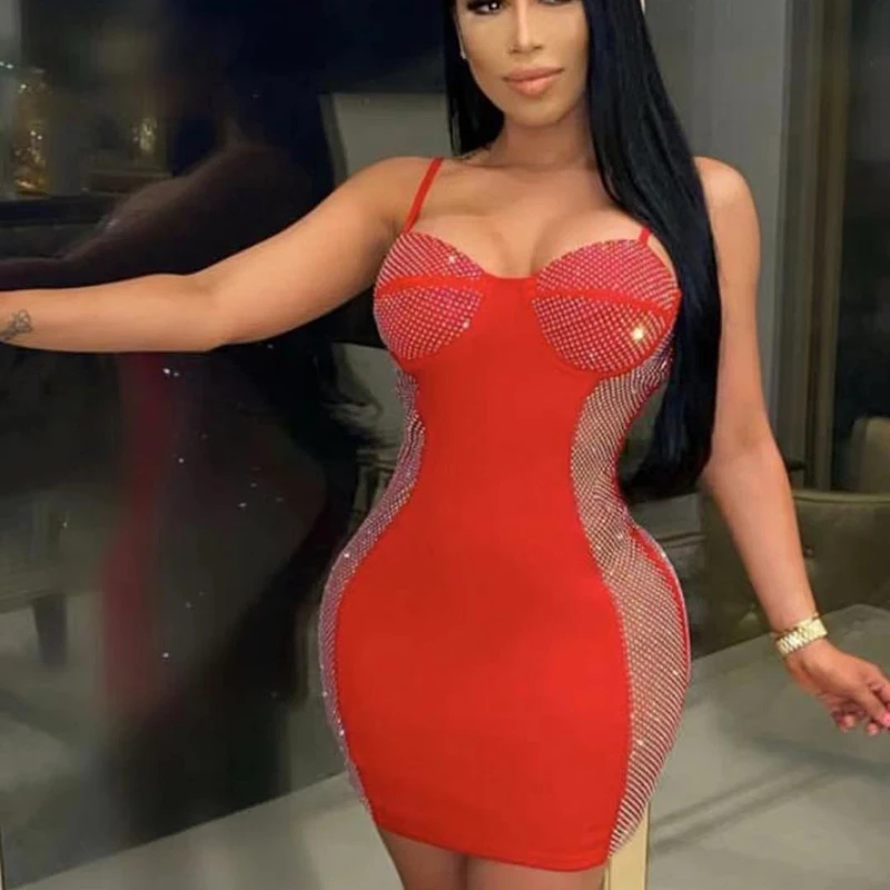 

Женское облегающее платье со стразами, красное летнее платье без рукавов, модель 2021 F2450