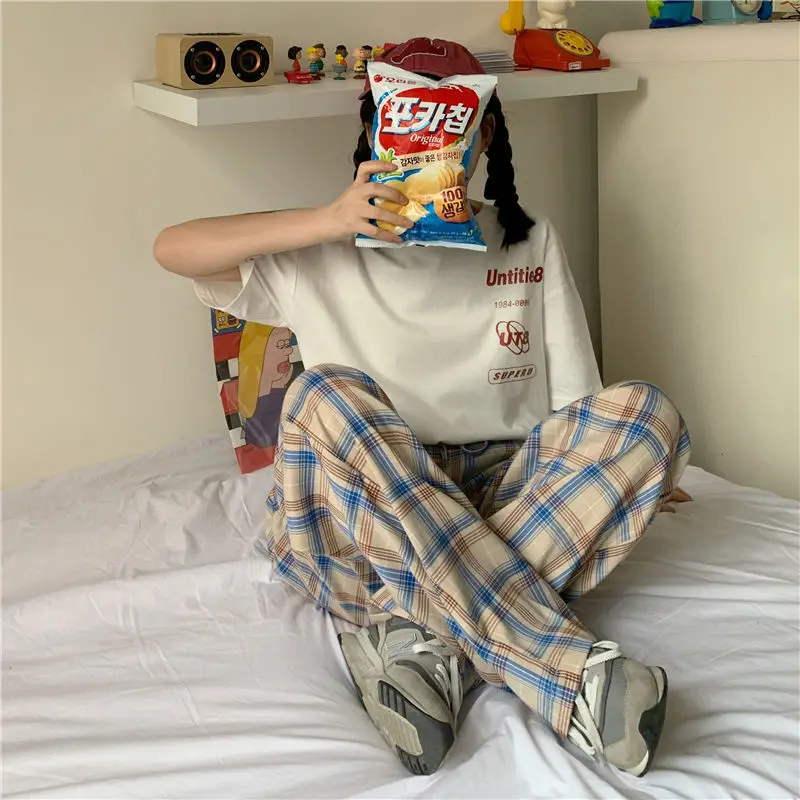 

Женские клетчатые брюки в стиле Харадзюку, женские клетчатые брюки в Корейском стиле с широкими штанинами, мягкие повседневные модные спор...