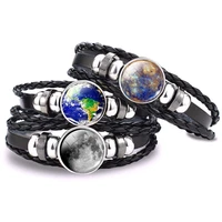 solar system punk bracelet sun jupiter earth moon mercury glass cabochon bead black leather woven bracelet outer space jewelry