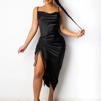 2022 summer womens dress solid color sling sexy drawstring waist party hot elegant dresses for female clothing drop shipping
