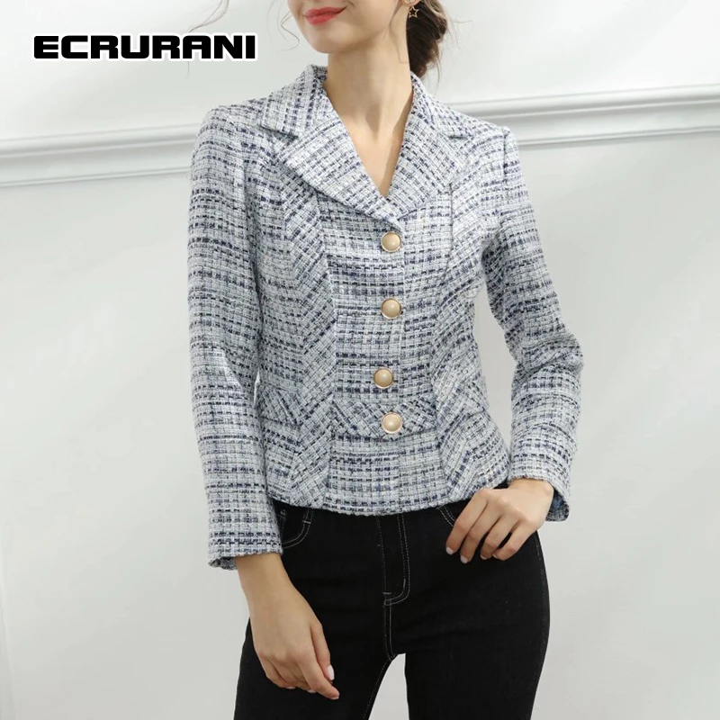 

ECRURANI Gingham Casual Blazer For Women Notched Long Sleeve Gathered Waist Colorblock Blazers Females 2021 Autumn New Clothing